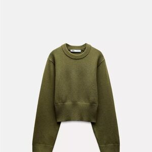 Zara Olive Cropped Crewneck Sweater